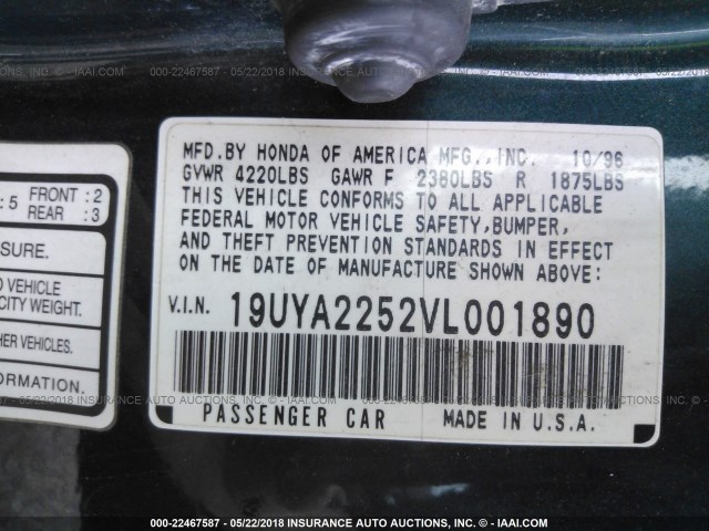 19UYA2252VL001890 - 1997 ACURA 3.0CL Կանաչ լուսանկար 9