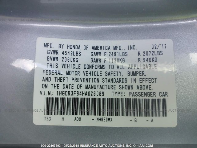 1HGCR3F84HA026089 - 2017 HONDA ACCORD EXL SILVER photo 9