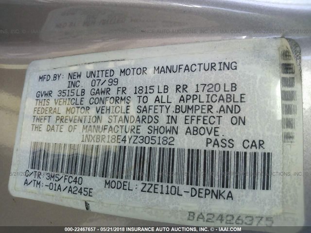 1NXBR18E4YZ305182 - 2000 TOYOTA COROLLA VE/CE/LE TAN photo 9