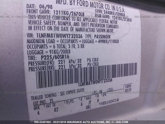 1LNFM81W0WY732036 - 1998 LINCOLN TOWN CAR EXECUTIVE Серебристый фото 9