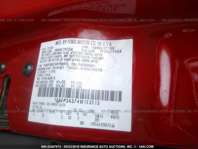 1FAFP34374W153513 - 2004 FORD FOCUS SE COMFORT/SE SPORT RED photo 9