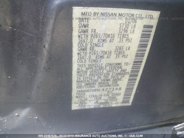 1N6AD07U96C427148 - 2006 NISSAN FRONTIER CREW CAB LE/SE/OFF ROAD GRAY photo 9