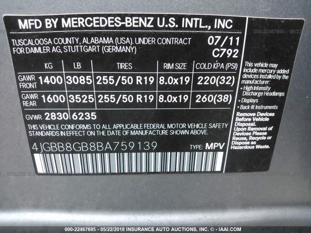 4JGBB8GB8BA759139 - 2011 MERCEDES-BENZ ML 350 4MATIC SILVER photo 9