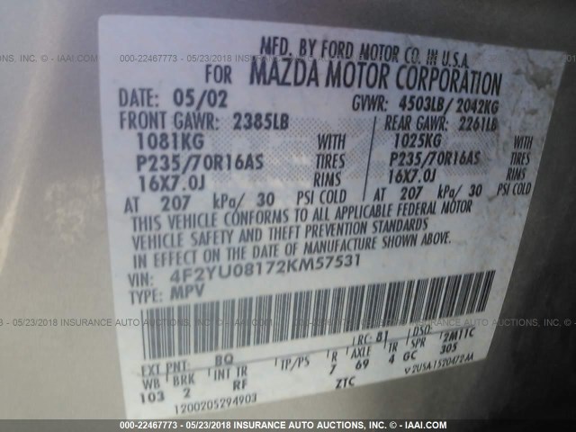 4F2YU08172KM57531 - 2002 MAZDA TRIBUTE LX/ES თაფლისფერი ფოტო 9