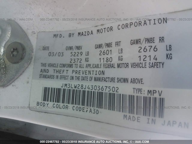 JM3LW28J430367502 - 2003 MAZDA MPV WAGON WHITE photo 9