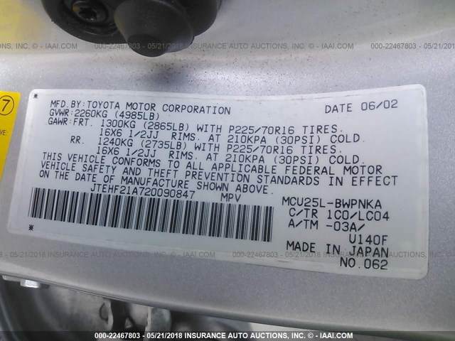 JTEHF21A720090847 - 2002 TOYOTA HIGHLANDER LIMITED SILVER photo 9