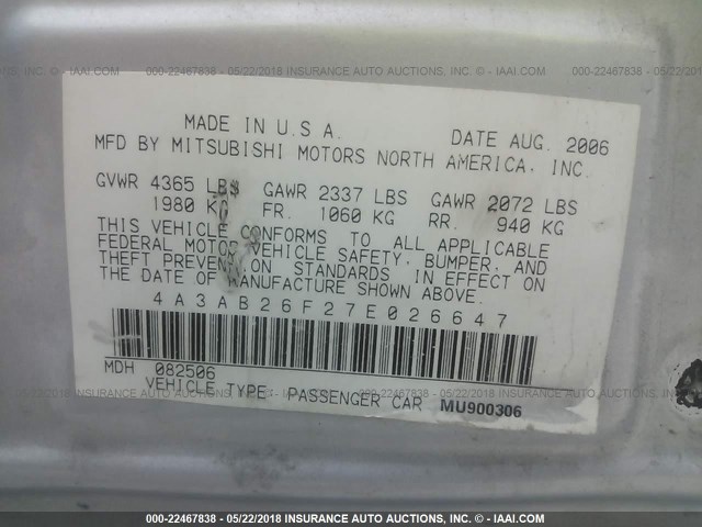 4A3AB26F27E026647 - 2007 MITSUBISHI GALANT DE SILVER photo 9