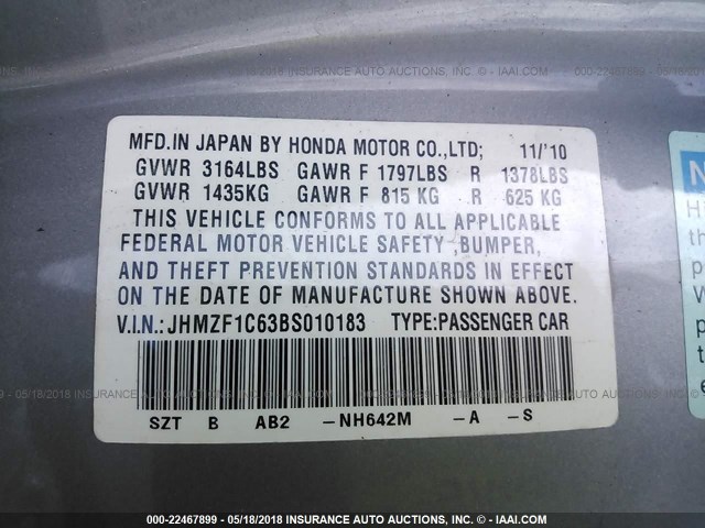 JHMZF1C63BS010183 - 2011 HONDA CR-Z EX SILVER photo 9