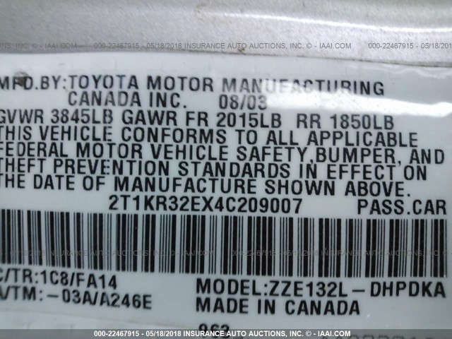 2T1KR32EX4C209007 - 2004 TOYOTA COROLLA MATRIX XR SILVER photo 9