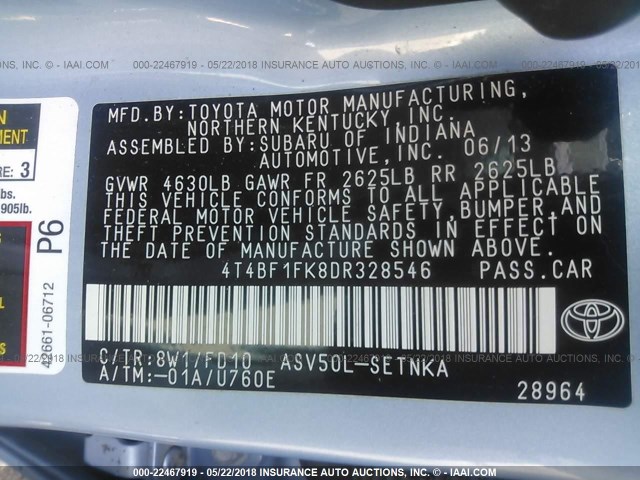 4T4BF1FK8DR328546 - 2013 TOYOTA CAMRY L/SE/LE/XLE 浅蓝色 照片 9