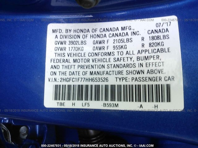 2HGFC1F77HH653526 - 2017 HONDA CIVIC EXL BLUE photo 9
