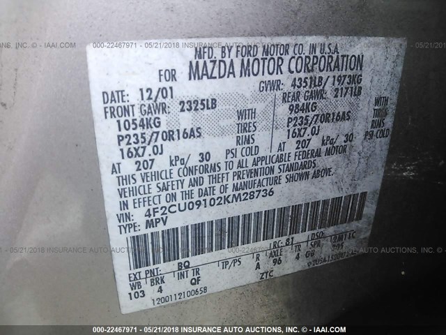 4F2CU09102KM28736 - 2002 MAZDA TRIBUTE LX/ES 金色 照片 9