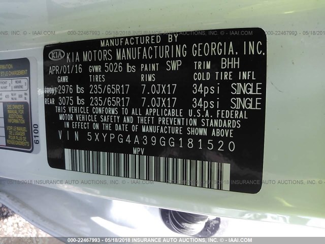 5XYPG4A39GG181520 - 2016 KIA SORENTO LX/L WHITE photo 9