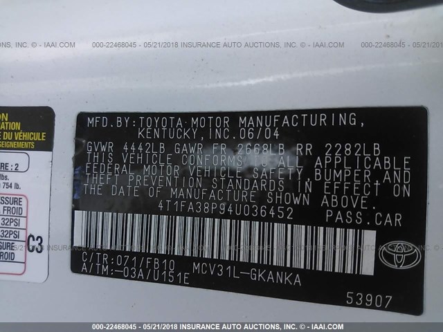 4T1FA38P94U036452 - 2004 TOYOTA CAMRY SOLARA SE/SLE თეთრი ფოტო 9