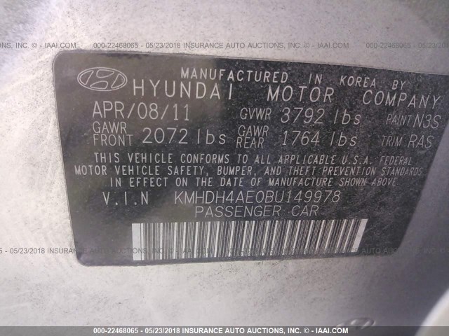 KMHDH4AE0BU149978 - 2011 HYUNDAI ELANTRA GLS/LIMITED SILVER photo 9