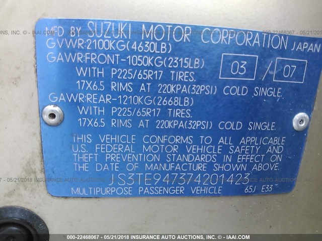 JS3TE947374201423 - 2007 SUZUKI GRAND VITARA LUXURY GOLD photo 9