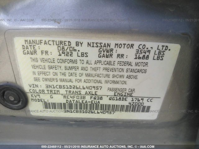 3N1CB51D26L640957 - 2006 NISSAN SENTRA 1.8/1.8S GRAY photo 9