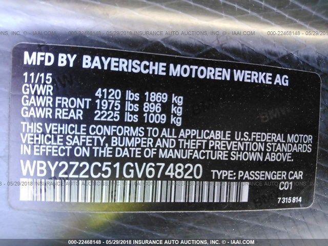 WBY2Z2C51GV674820 - 2016 BMW I8 BLUE photo 9