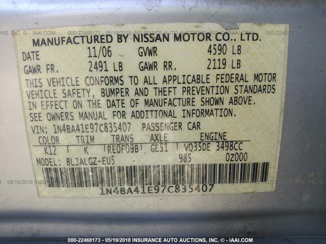 1N4BA41E97C835407 - 2007 NISSAN MAXIMA SE/SL SILVER photo 9