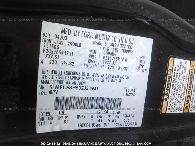 5LMEU68H53ZJ34941 - 2003 LINCOLN AVIATOR 黑色 照片 9