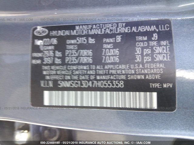 5NMSG13D47H055358 - 2007 HYUNDAI SANTA FE GLS Pewter photo 9