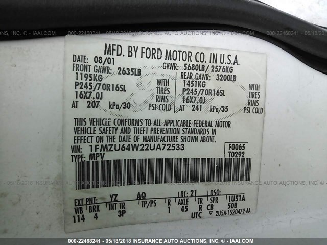 1FMZU64W22UA72533 - 2002 FORD EXPLORER EDDIE BAUER WHITE photo 9