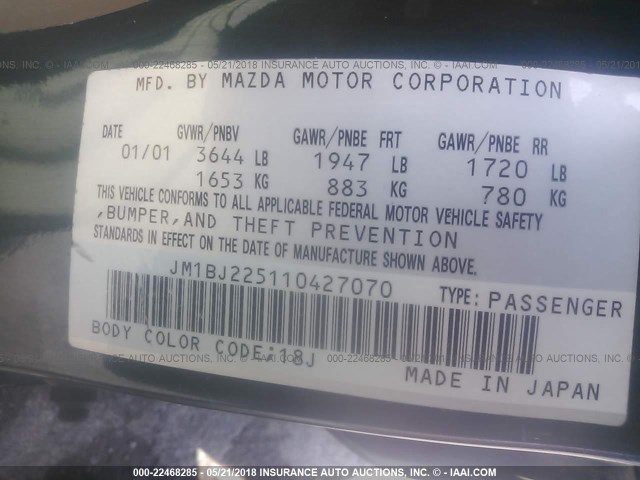 JM1BJ225110427070 - 2001 MAZDA PROTEGE LX/ES მწვანე ფოტო 9