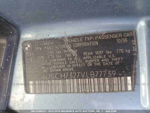 4USCH7327VLB77739 - 1997 BMW Z3 1.9 Light Blue photo 9