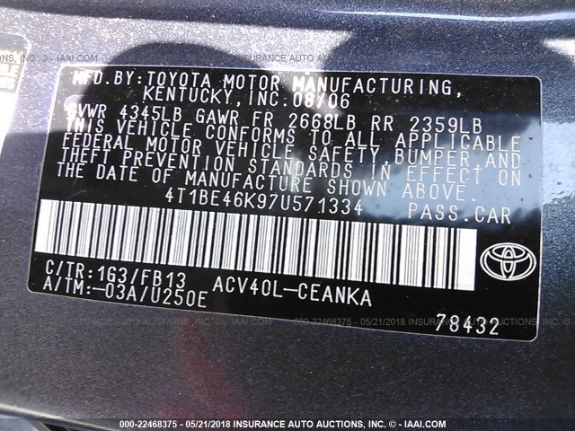 4T1BE46K97U571334 - 2007 TOYOTA CAMRY NEW GENERAT CE/LE/XLE/SE BLACK photo 9