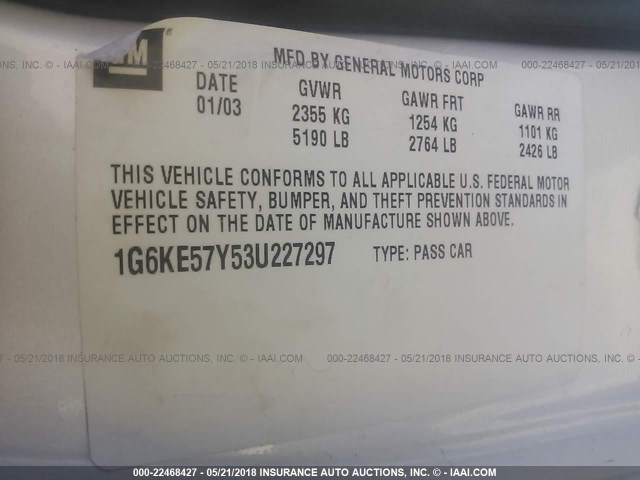 1G6KE57Y53U227297 - 2003 CADILLAC DEVILLE DHS WHITE photo 9