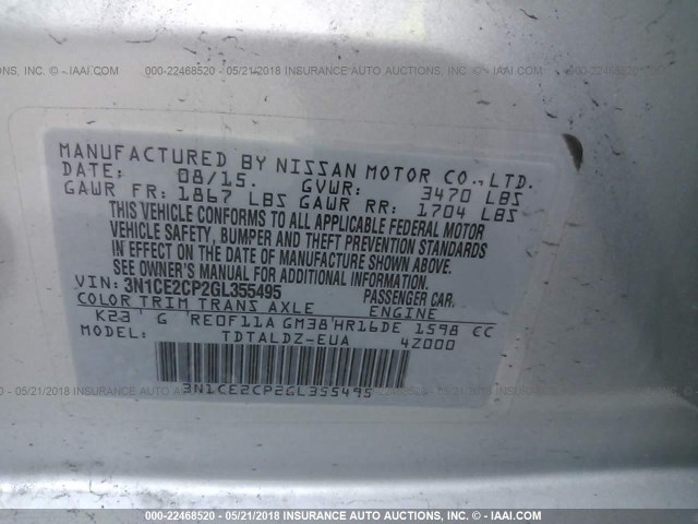 3N1CE2CP2GL355495 - 2016 NISSAN VERSA NOTE S/S PLUS/SV/SL/SR SILVER photo 9