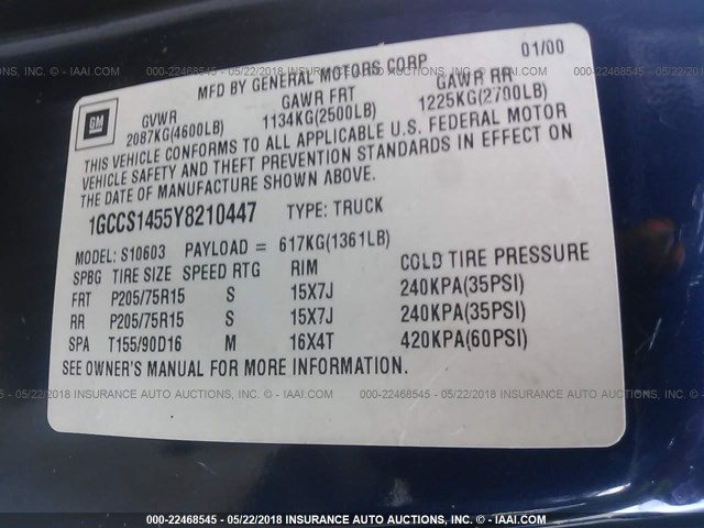 1GCCS1455Y8210447 - 2000 CHEVROLET S TRUCK S10 BLUE photo 9