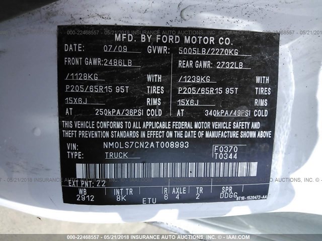 NM0LS7CN2AT008993 - 2010 FORD TRANSIT CONNECT XL WHITE photo 9