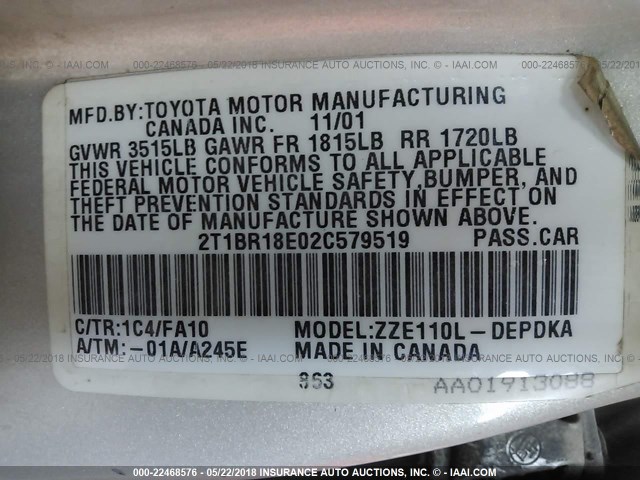 2T1BR18E02C579519 - 2002 TOYOTA COROLLA CE/LE/S SILVER photo 9