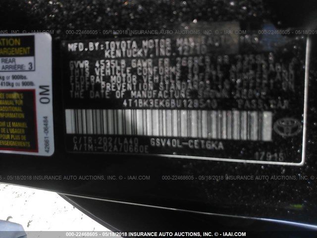 4T1BK3EK6BU128510 - 2011 TOYOTA CAMRY SE/LE/XLE BLACK photo 9