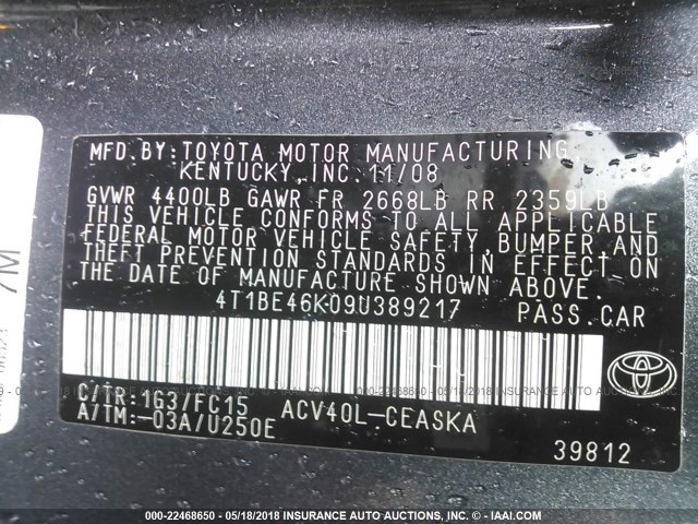 4T1BE46K09U389217 - 2009 TOYOTA CAMRY SE/LE/XLE GRAY photo 9