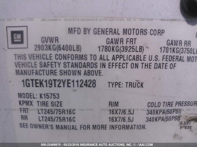 1GTEK19T2YE112428 - 2000 GMC NEW SIERRA K1500 WHITE photo 9