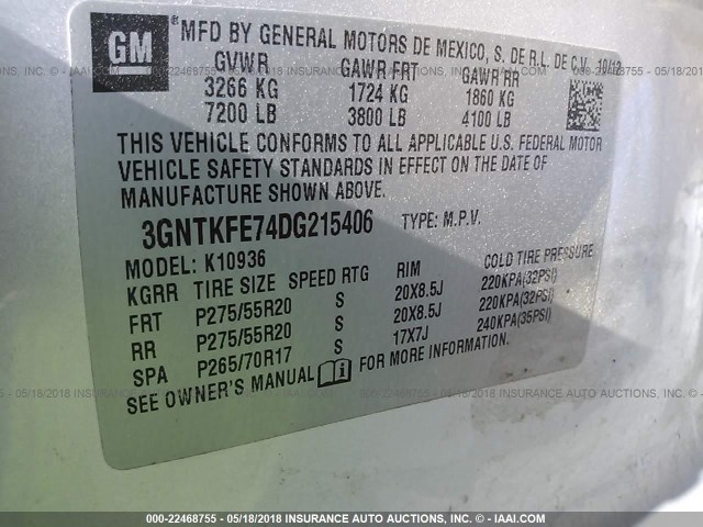 3GNTKFE74DG215406 - 2013 CHEVROLET AVALANCHE LT SILVER photo 9