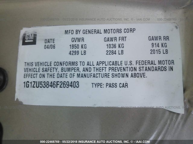 1G1ZU53846F269403 - 2006 CHEVROLET MALIBU LTZ 金色 照片 9