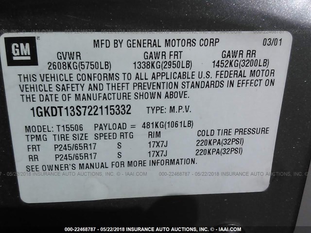 1GKDT13S722115332 - 2002 GMC ENVOY GRAY photo 9