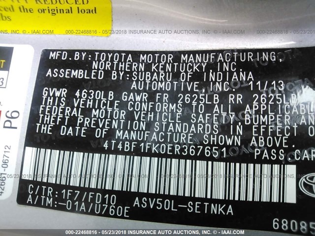 4T4BF1FK0ER367651 - 2014 TOYOTA CAMRY L/SE/LE/XLE 银色 照片 9