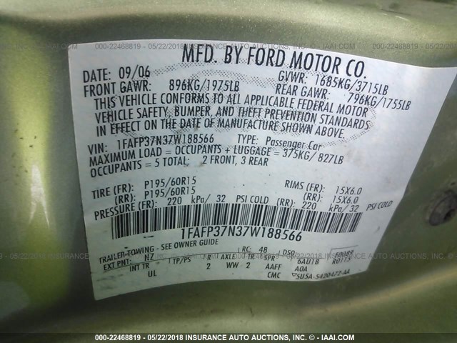 1FAFP37N37W188566 - 2007 FORD FOCUS ZX5/S/SE/SES 绿色 照片 9