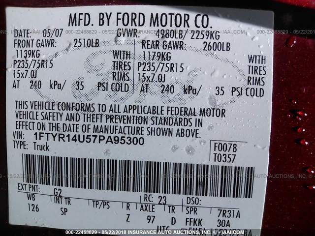 1FTYR14U57PA95300 - 2007 FORD RANGER SUPER CAB RED photo 9