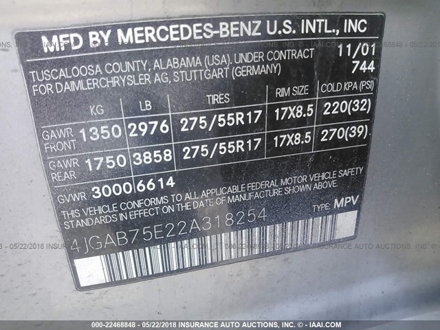 4JGAB75E22A318254 - 2002 MERCEDES-BENZ ML 500 SILVER photo 9