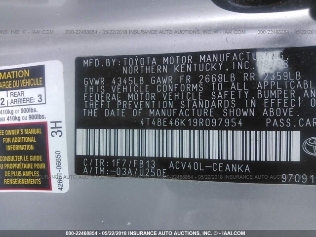 4T4BE46K19R097954 - 2009 TOYOTA CAMRY SE/LE/XLE SILVER photo 9