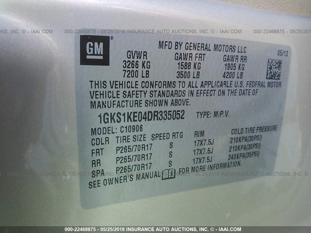 1GKS1KE04DR335052 - 2013 GMC YUKON XL C1500 SLT BEIGE photo 9