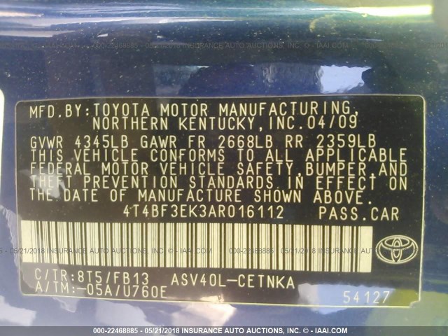 4T4BF3EK3AR016112 - 2010 TOYOTA CAMRY SE/LE/XLE BLUE photo 9