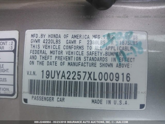 19UYA2257XL000916 - 1999 ACURA 3.0CL Շամպայն լուսանկար 9