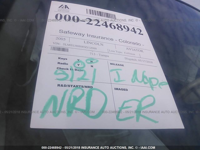 5LMEU88H85ZJ12088 - 2005 LINCOLN AVIATOR 黑色 照片 7