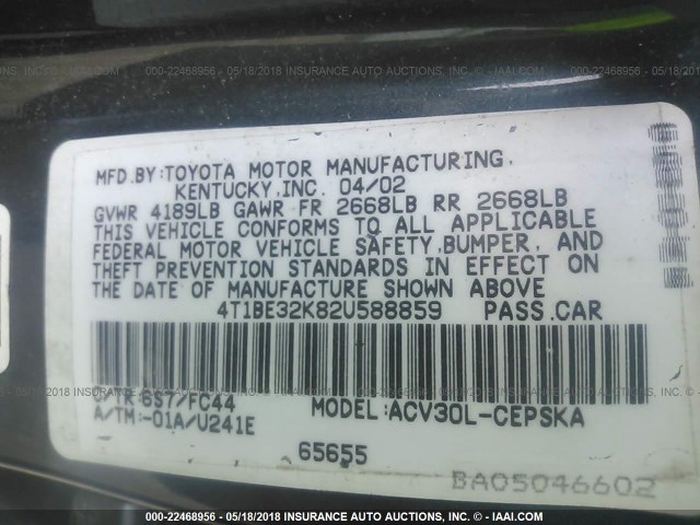 4T1BE32K82U588859 - 2002 TOYOTA CAMRY LE/XLE/SE მწვანე ფოტო 9